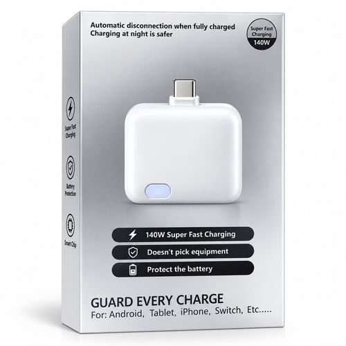 A 140W USB-C fast charger in its retail packaging, featuring a white rectangular charger with a USB-C connector and a small blue indicator light, shown on a clean white background.