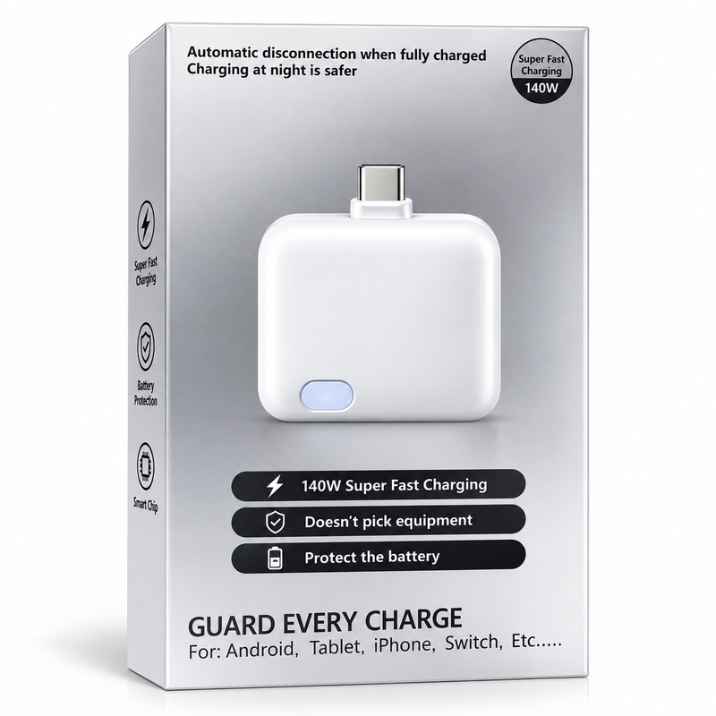 A 140W USB-C fast charger in its retail packaging, featuring a white rectangular charger with a USB-C connector and a small blue indicator light, shown on a clean white background.