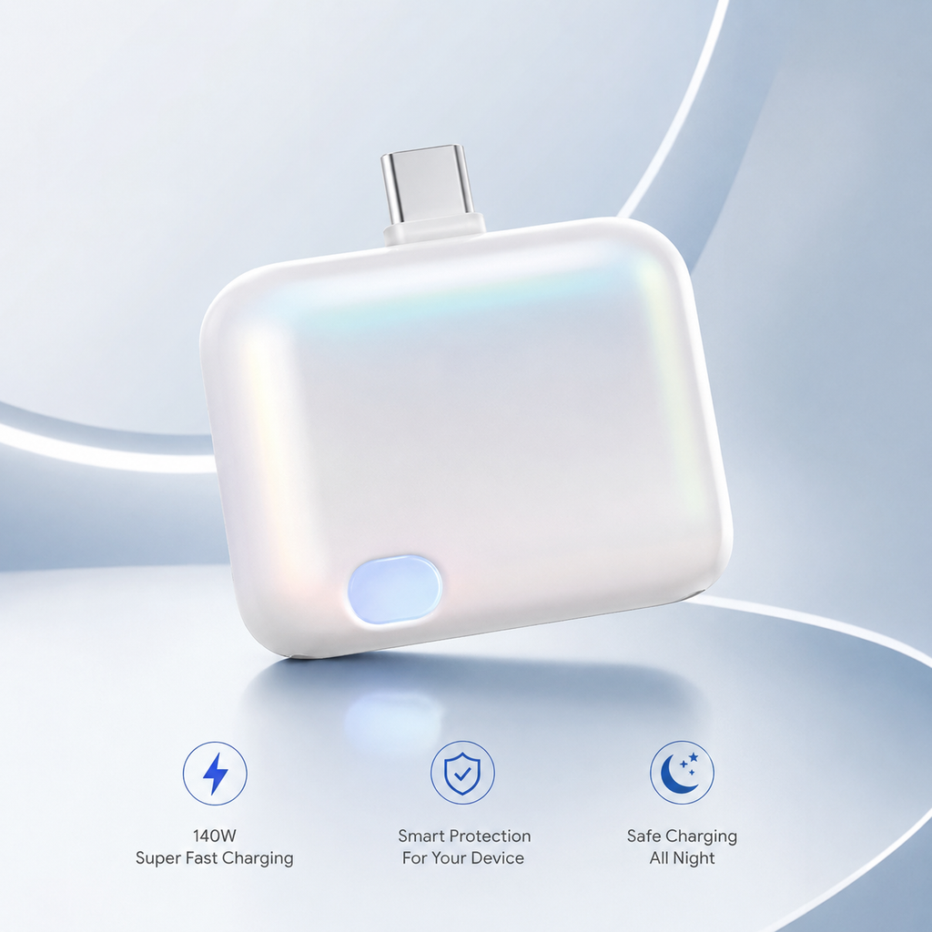 A white rectangular USB-C adapter with rounded corners and an iridescent finish, shown on a light blue abstract background with three feature icons below: 140W Super Fast Charging, Smart Protection For Your Device, and Safe Charging All Night.
