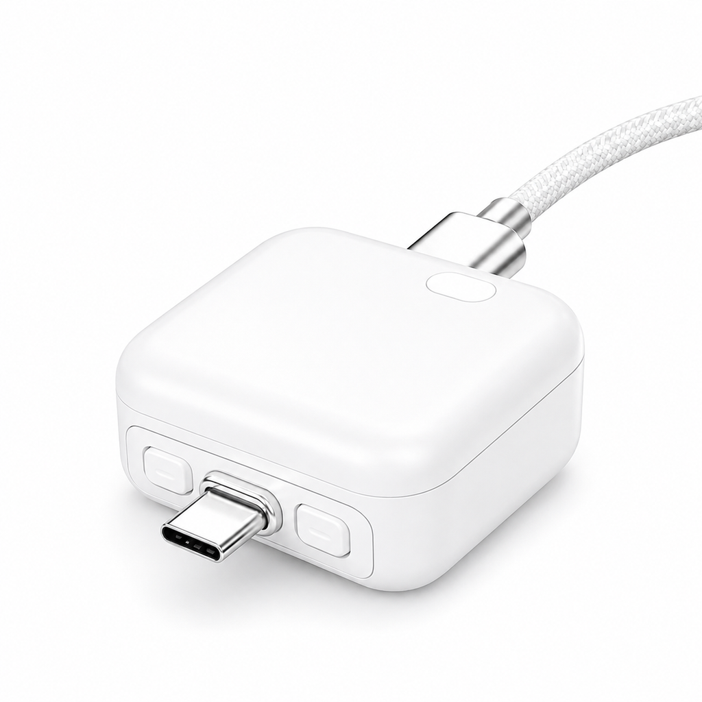 A white USB-C to USB-C adapter with a braided white cable, shown on a clean white background.