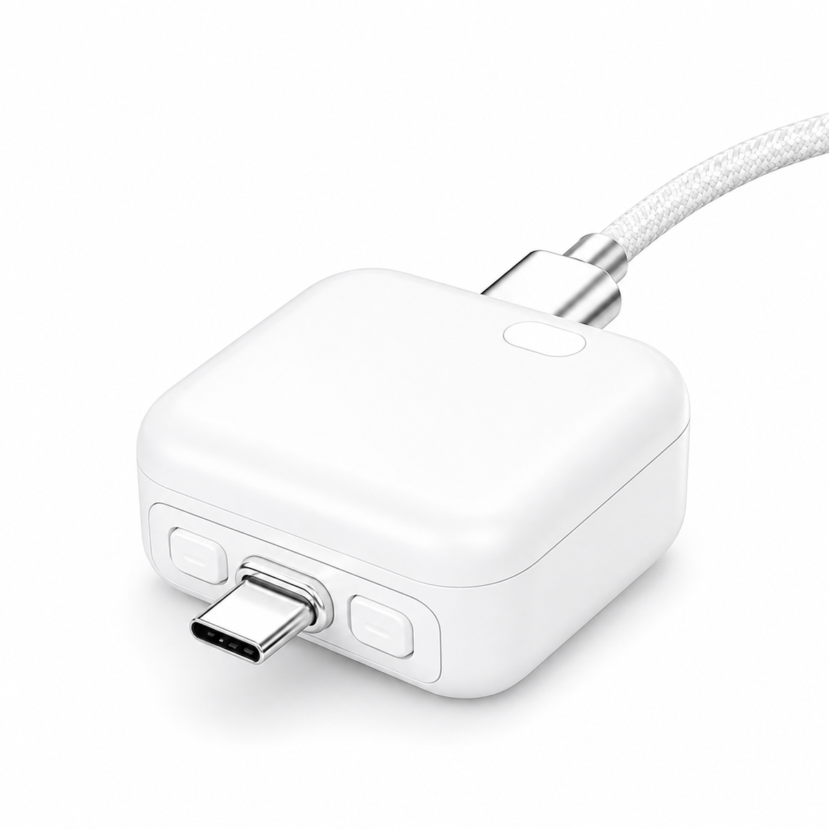 A white USB-C to USB-C adapter with a braided white cable, shown on a clean white background.