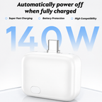 A white 140W USB-C power bank or charging adapter shown on a clean white background with marketing text reading 'Automatically power off when fully charged,' 'Super Fast Charging,' 'Battery Protection,' 'High Compatibility,' and '140W.'.