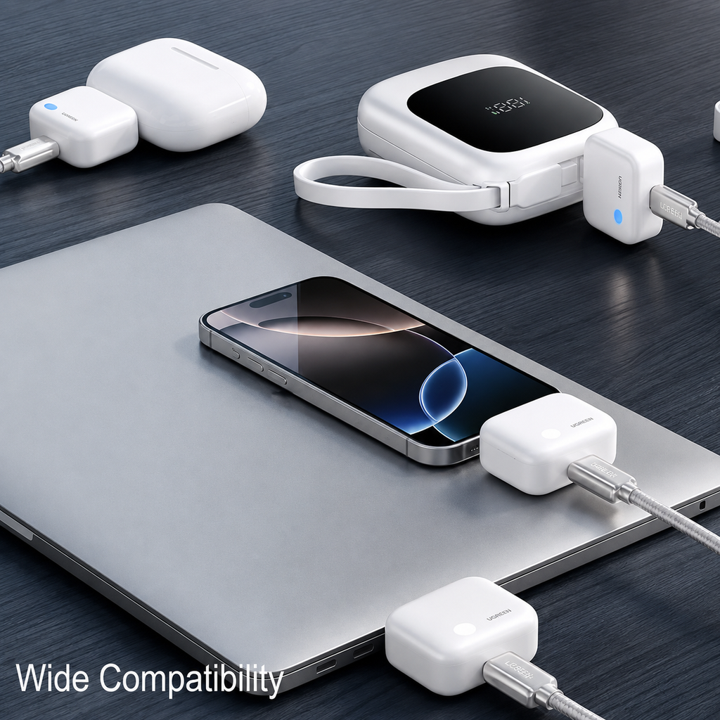 White multi-port USB charging adapter set shown plugged into a silver laptop on a dark wood surface, with a smartphone in the center and additional adapter units around it. The text 'Wide Compatibility' appears in the lower left.