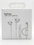 Apple EarPods, showing the text 'EarPods USB-C and Lightning' and printed illustrations of the wired earbuds with a Lightning-to-USB-C adapter.