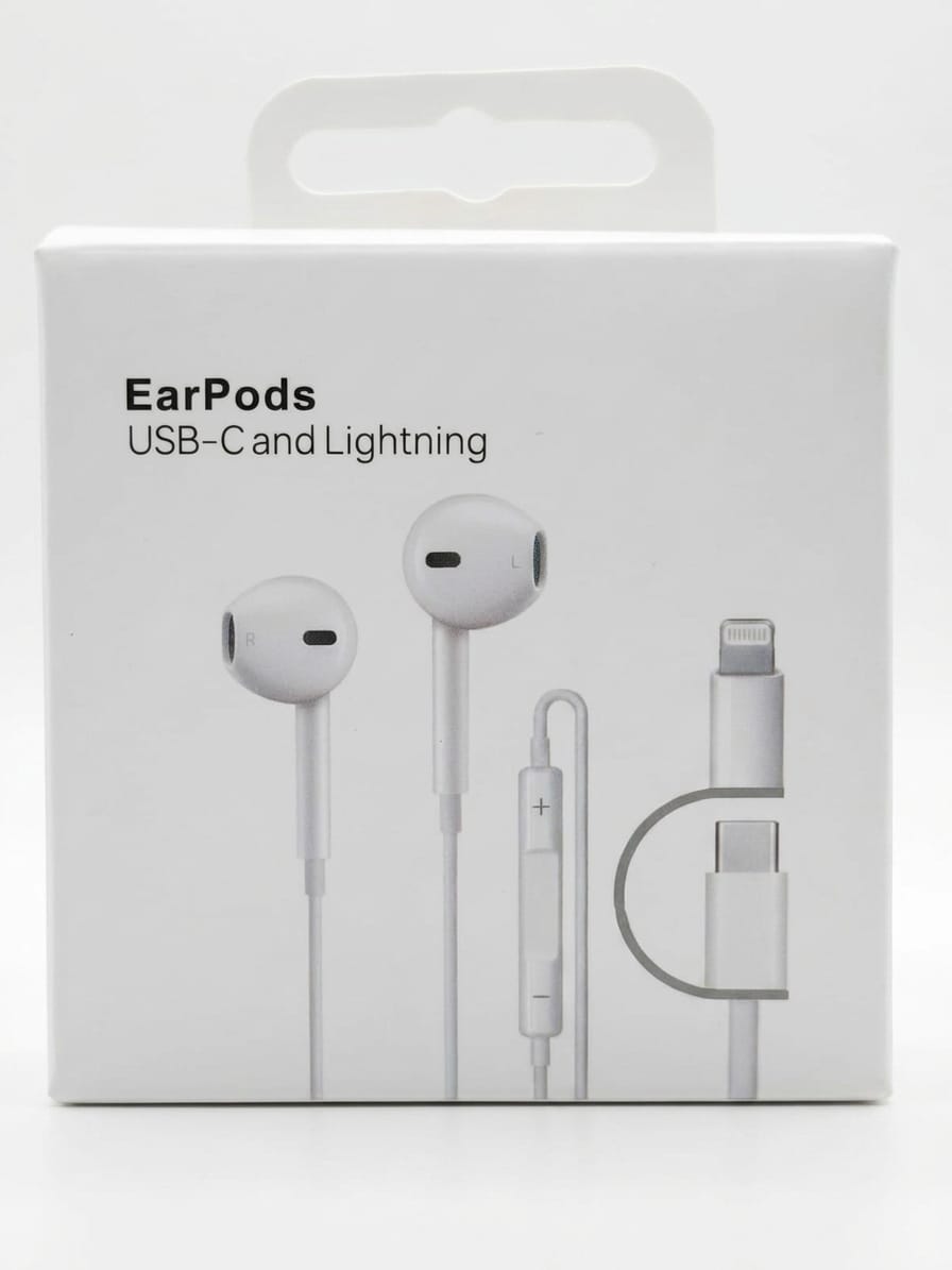 Apple EarPods, showing the text 'EarPods USB-C and Lightning' and printed illustrations of the wired earbuds with a Lightning-to-USB-C adapter.