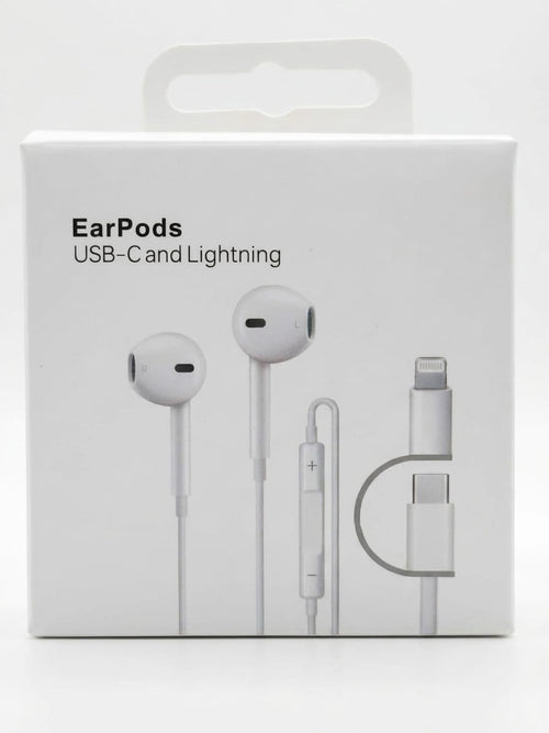 Apple EarPods, showing the text 'EarPods USB-C and Lightning' and printed illustrations of the wired earbuds with a Lightning-to-USB-C adapter.