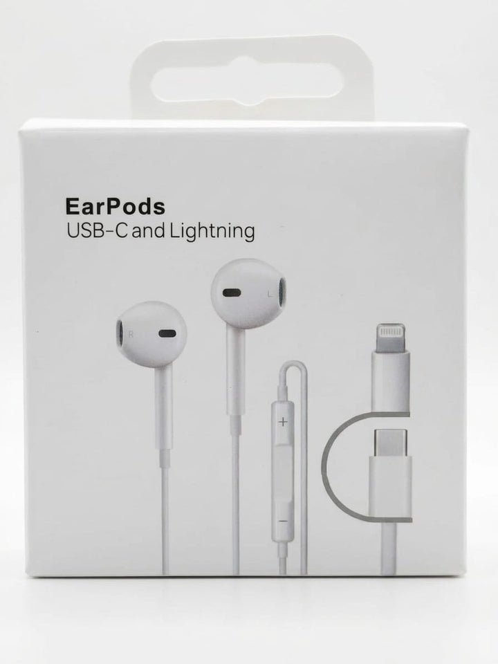 Apple EarPods, showing the text 'EarPods USB-C and Lightning' and printed illustrations of the wired earbuds with a Lightning-to-USB-C adapter.