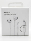 Apple EarPods, showing the text 'EarPods USB-C and Lightning' and printed illustrations of the wired earbuds with a Lightning-to-USB-C adapter.