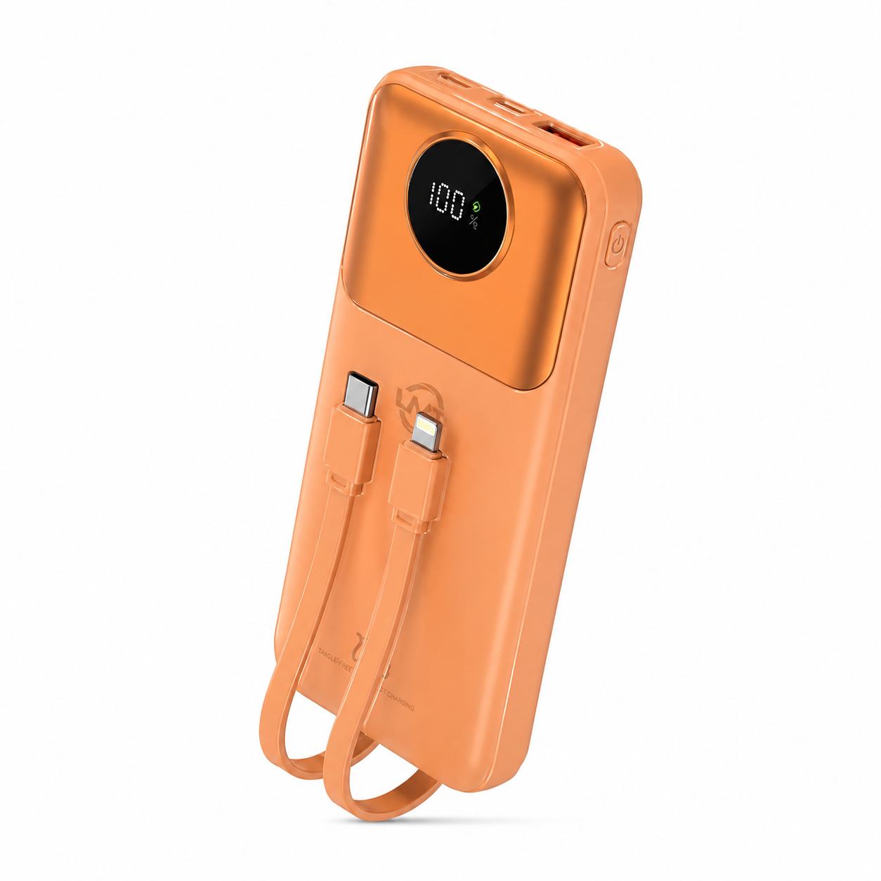 An orange portable LMA Power Bank with a built-in carrying strap, featuring a circular digital battery percentage display showing 100% and two charging ports (one USB-C, one Lightning) on a clean white background.
