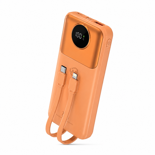 An orange portable LMA Power Bank with a built-in carrying strap, featuring a circular digital battery percentage display showing 100% and two charging ports (one USB-C, one Lightning) on a clean white background.
