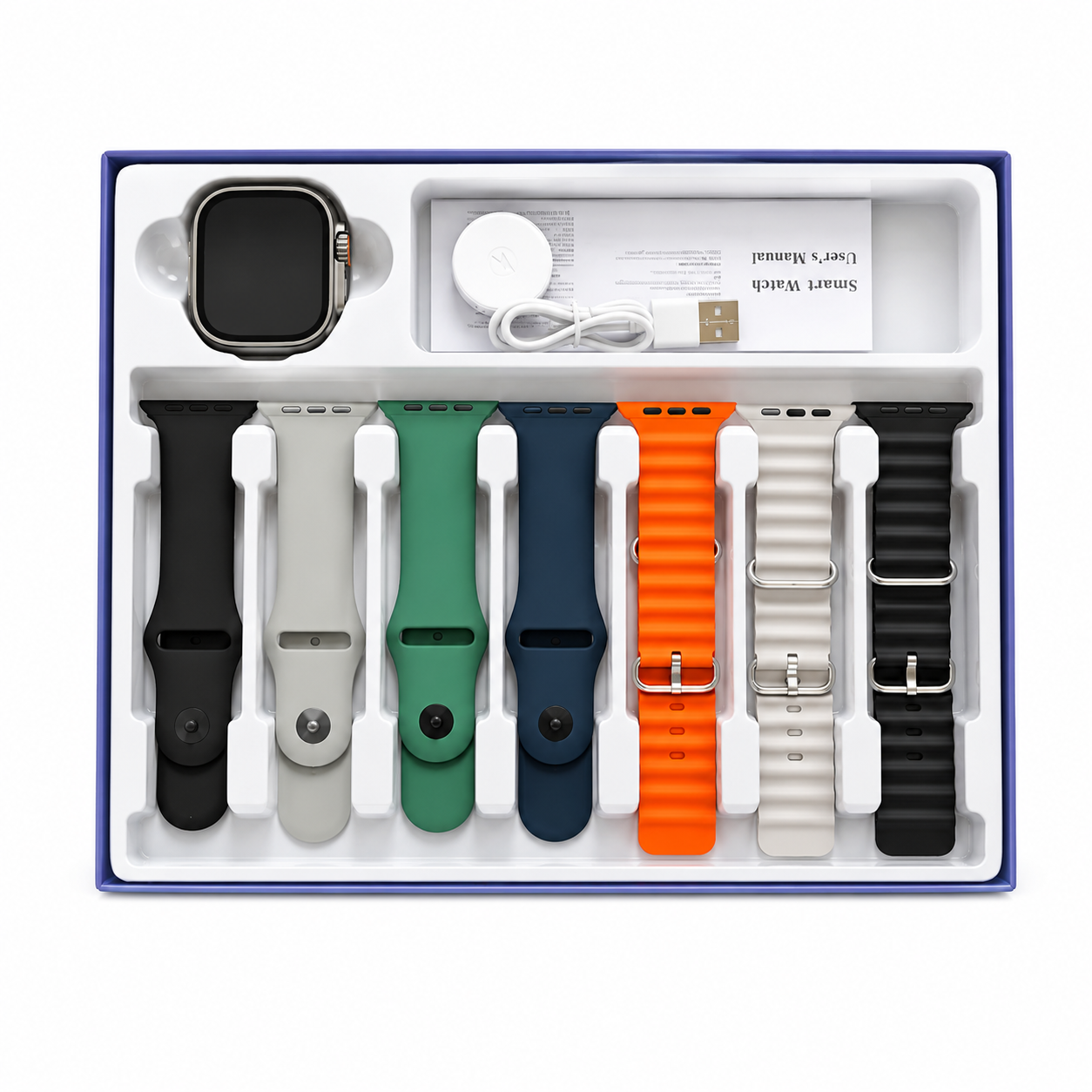 A boxed set of smartwatch bands displayed in a white tray with a blue outer border. The set includes a smartwatch with a black screen, a white charging cable, a user manual, and multiple interchangeable bands in black, light gray, green, navy, orange, white, and dark gray.