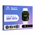 Maixinn Max573 Ultra 3 Smart Watch retail packaging box, featuring a white and silver smartwatch illustration on a blue-to-purple gradient background with product variant icons along the bottom.