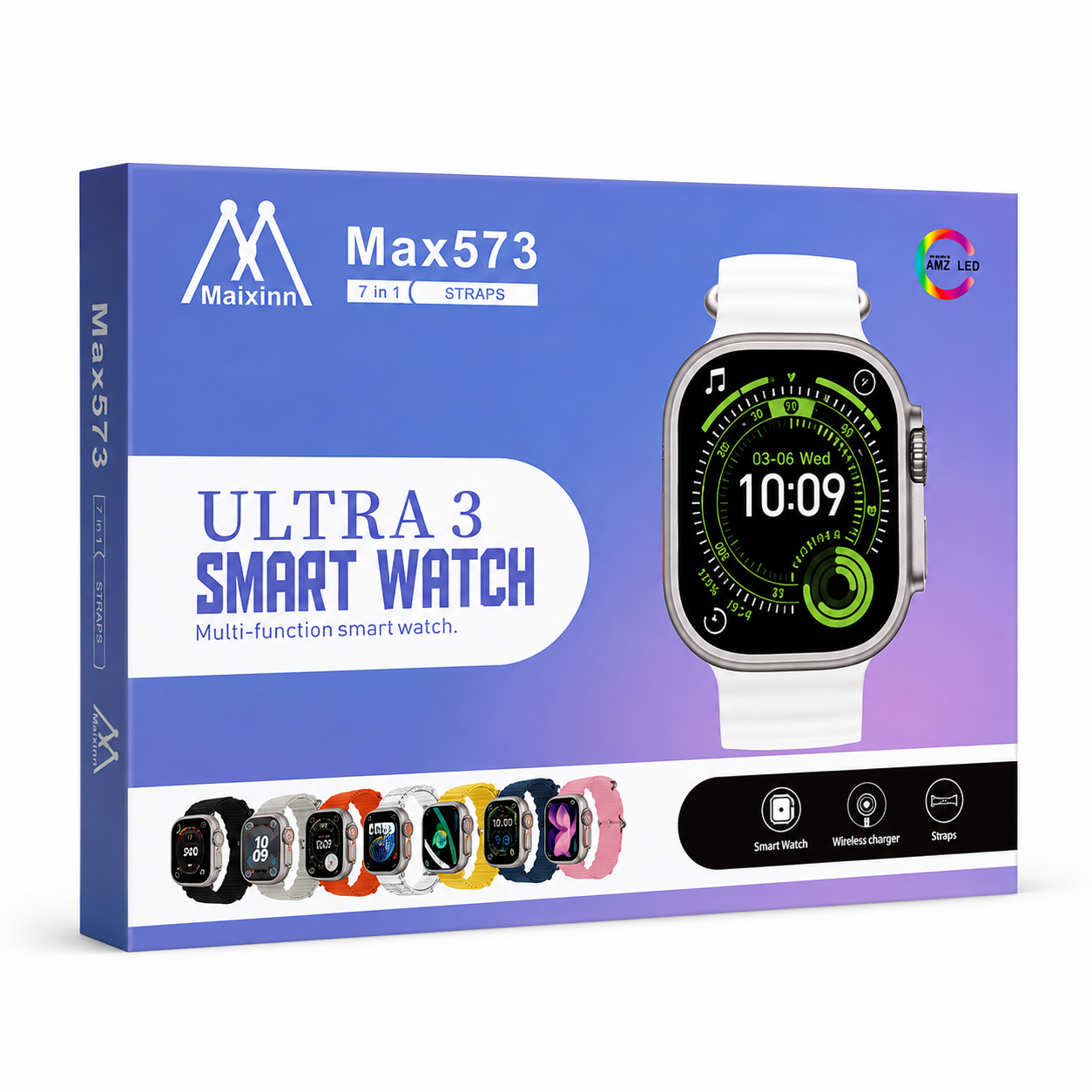 Maixinn Max573 Ultra 3 Smart Watch retail packaging box, featuring a white and silver smartwatch illustration on a blue-to-purple gradient background with product variant icons along the bottom.
